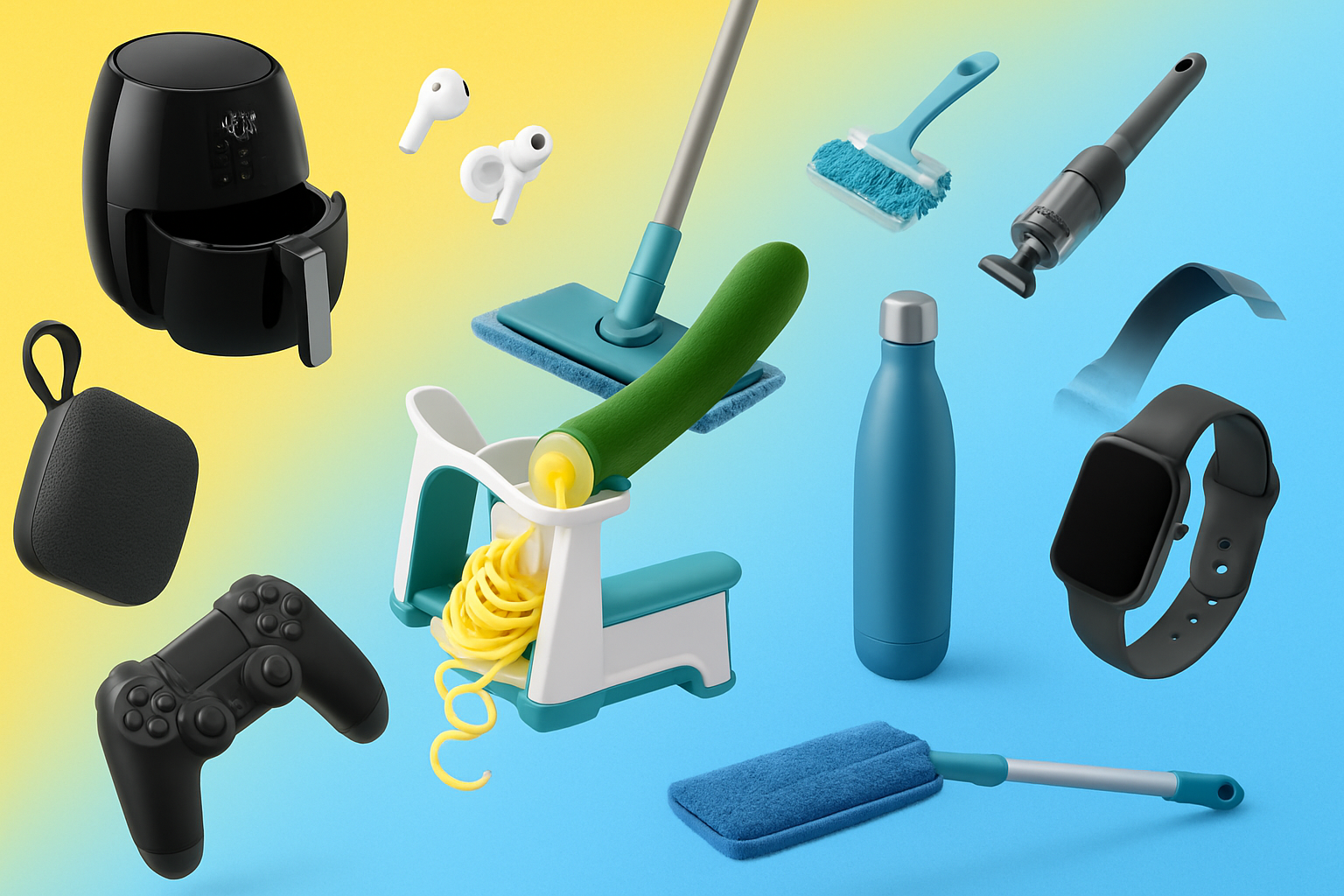 16:9 hero banner for the Fliply e-commerce store. Playful, modern collage of trending products from multiple categories: home gadgets, kitchen tools, sports accessories, gaming gear, and other viral items. Bright, fun atmosphere using Fliply’s yellow–blue color palette with subtle gradient background. Include stylish floating product images (no brand logos, no text). Clean, high-resolution composition suitable for a website hero section.