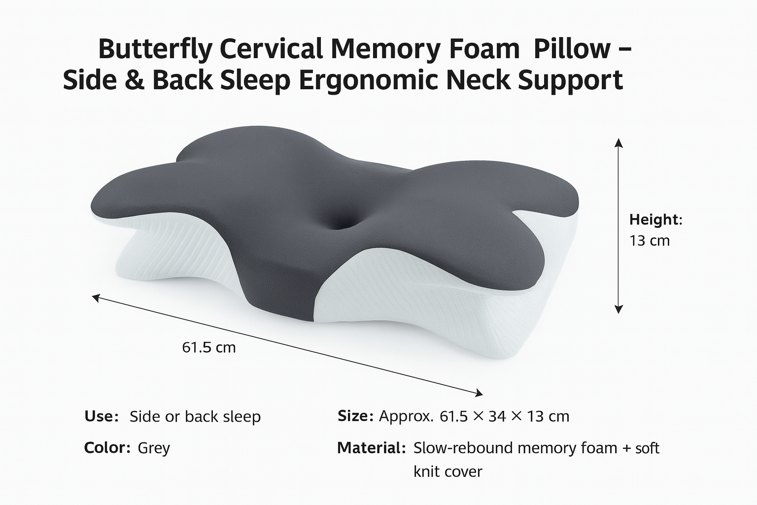 Butterfly Cervical Memory Foam Pillow – Ergonomic Side & Back Sleep Neck Support (Grey)