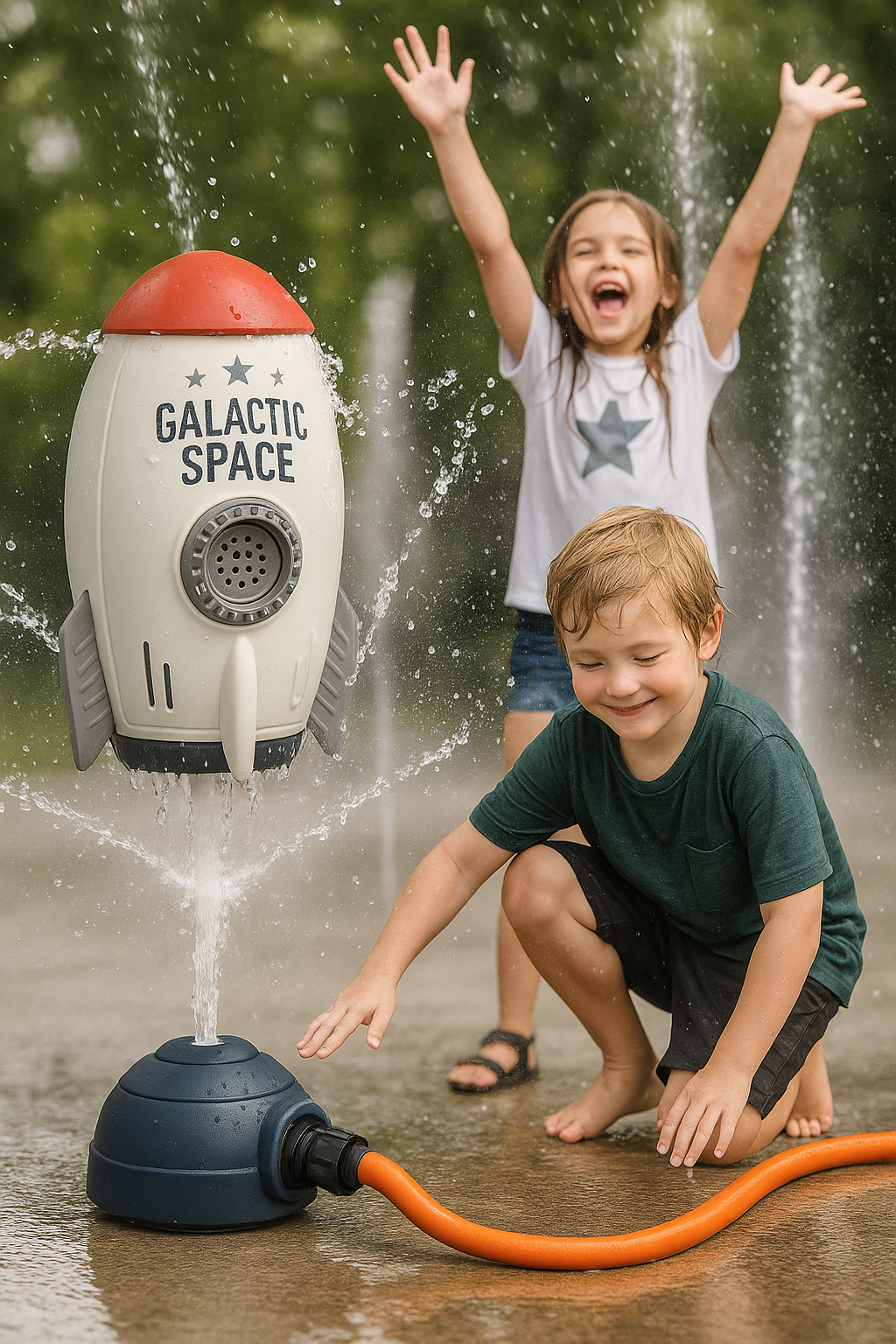 Rocket Splash Sprinkler – 360° Rotating Kids Water Play Toy (Garden Hose)