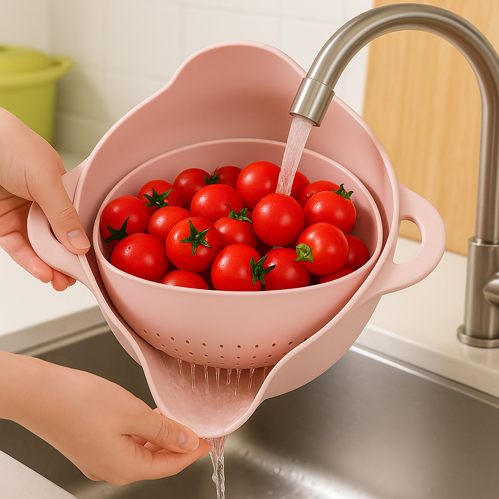 2-in-1 Rinse & Drain Bowl – Tilt Colander for Fast Washing (Fruit & Veg)